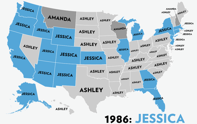 Illustration for article titled Map: Six Decades of the Most Popular Names for Girls, State-by-State